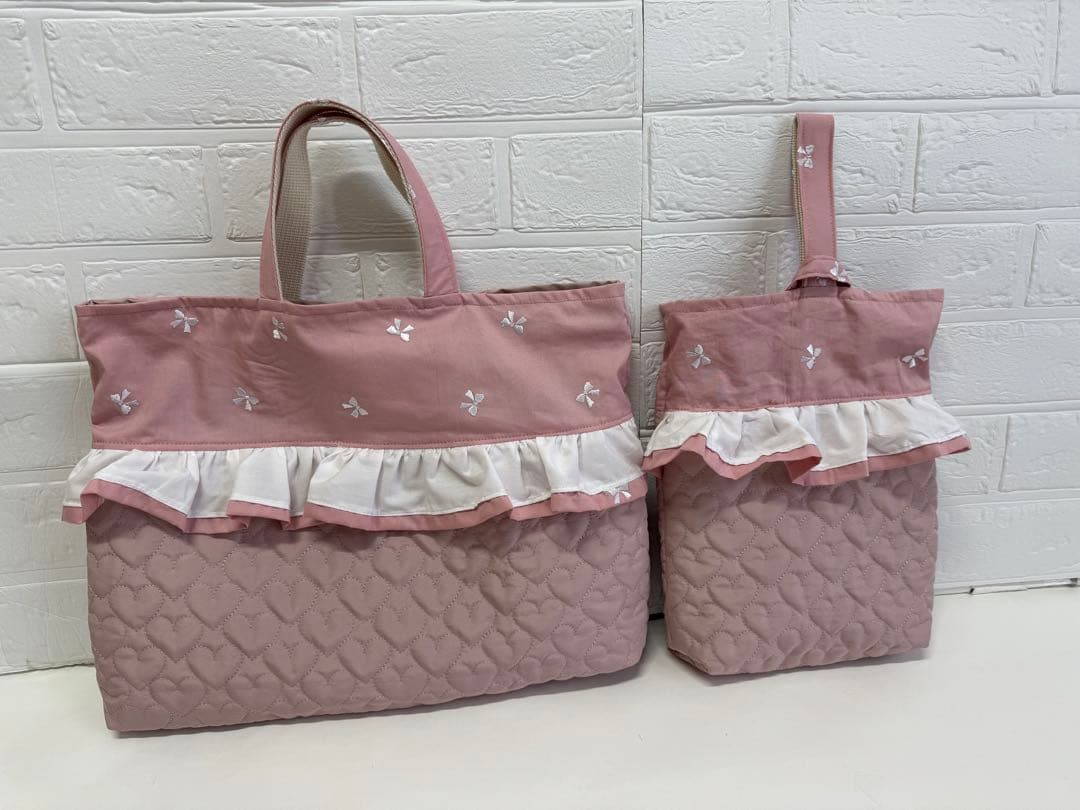 mill　5点set リボン刺繍　ハートキルティング　上履き袋　体操服袋