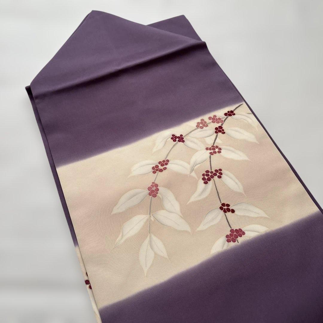 ⭐️九寸名古屋帯 ⭐️紫色　塩瀬帯　はんなり　お太鼓柄　金彩　染め帯　植物柄