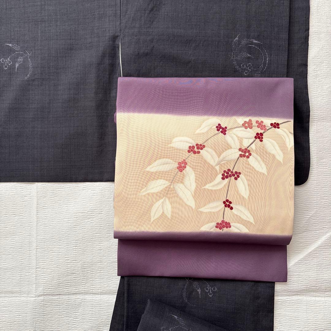 ⭐️九寸名古屋帯 ⭐️紫色　塩瀬帯　はんなり　お太鼓柄　金彩　染め帯　植物柄