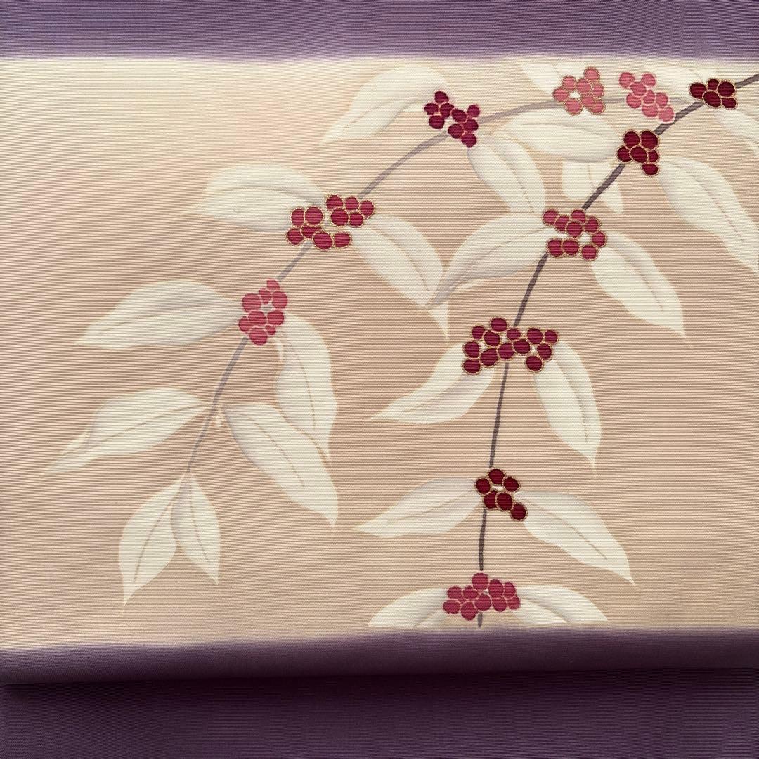 ⭐️九寸名古屋帯 ⭐️紫色　塩瀬帯　はんなり　お太鼓柄　金彩　染め帯　植物柄