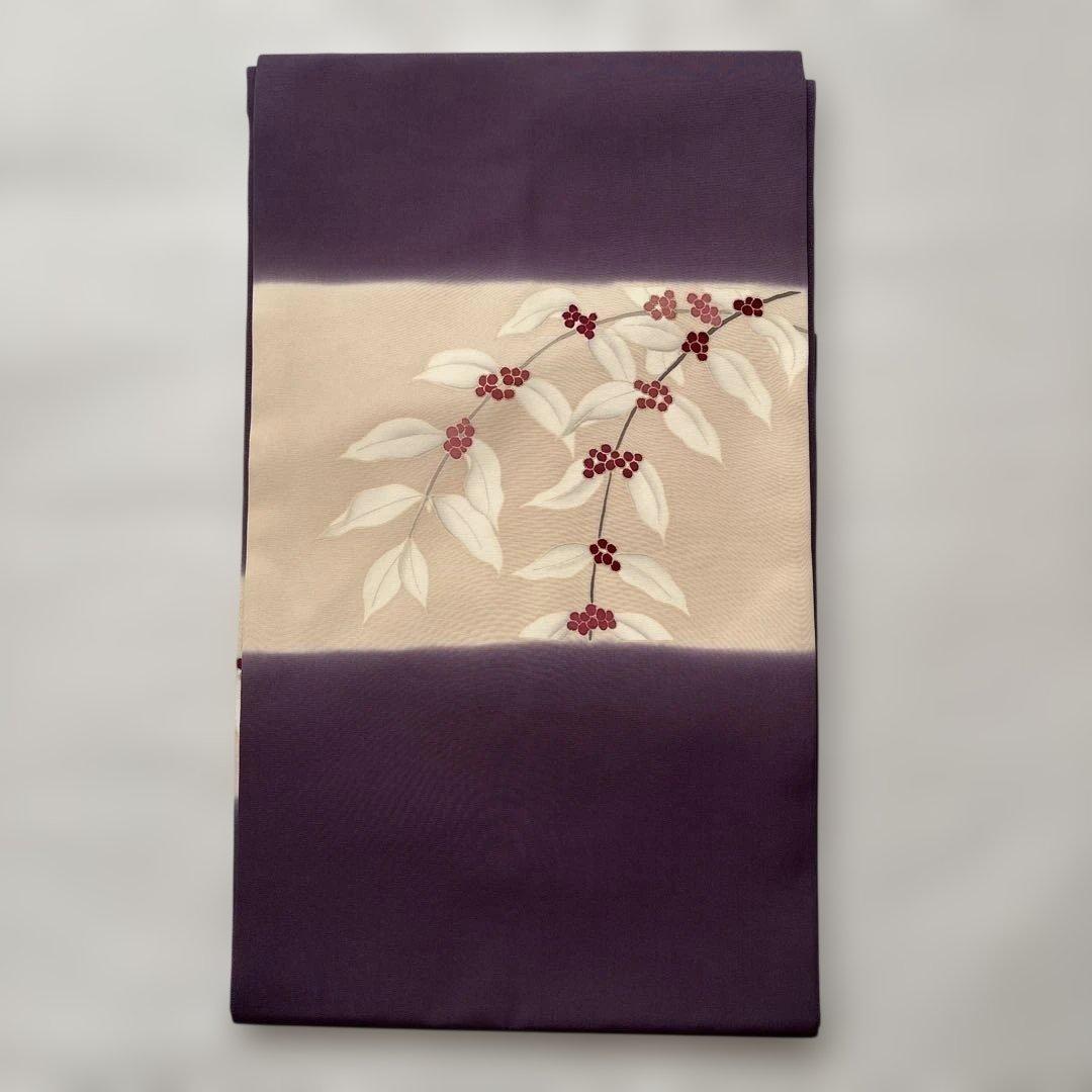 ⭐️九寸名古屋帯 ⭐️紫色　塩瀬帯　はんなり　お太鼓柄　金彩　染め帯　植物柄