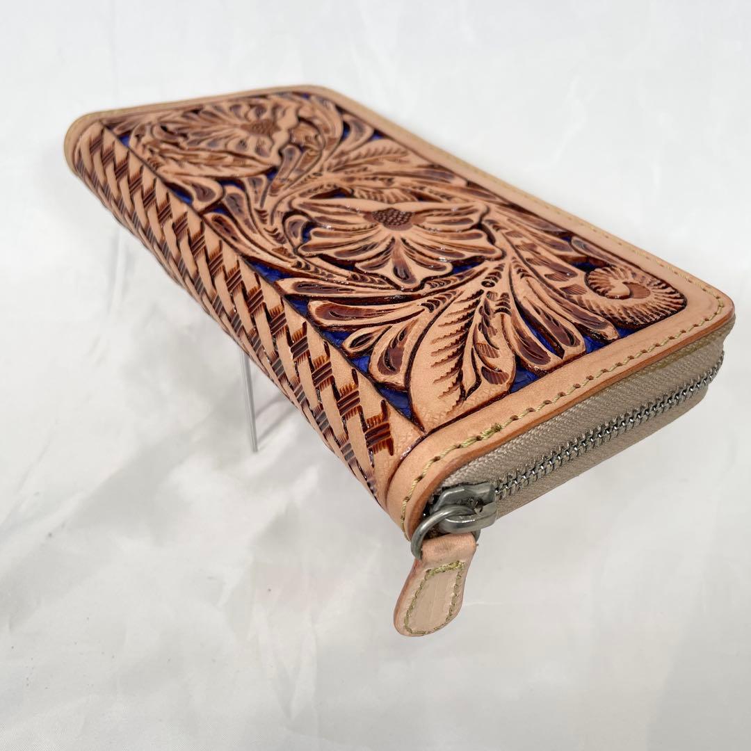 【新品】財布 長財布 レザー 本革 ラウンドファスナー カービング ブルー