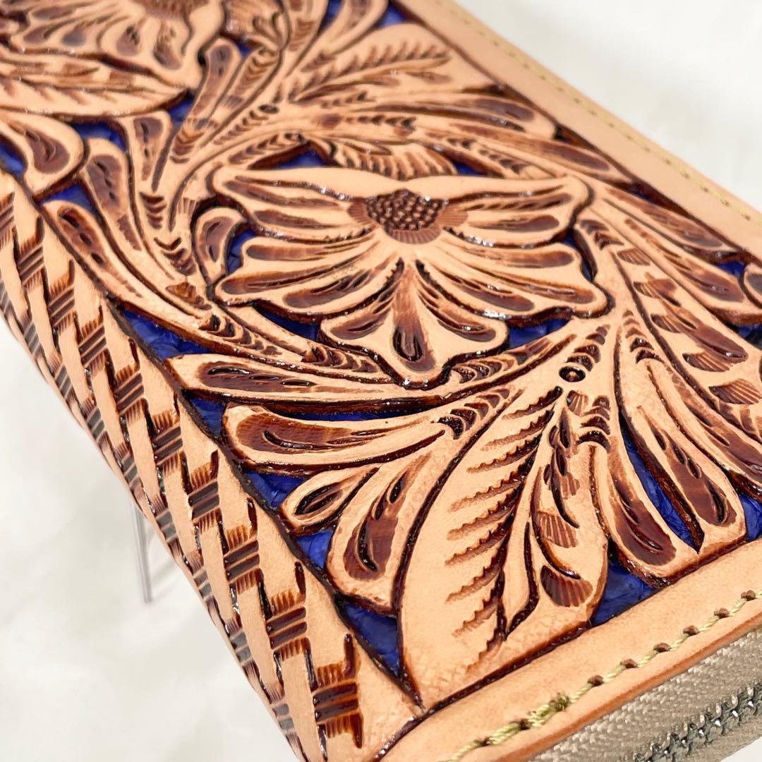 【新品】財布 長財布 レザー 本革 ラウンドファスナー カービング ブルー