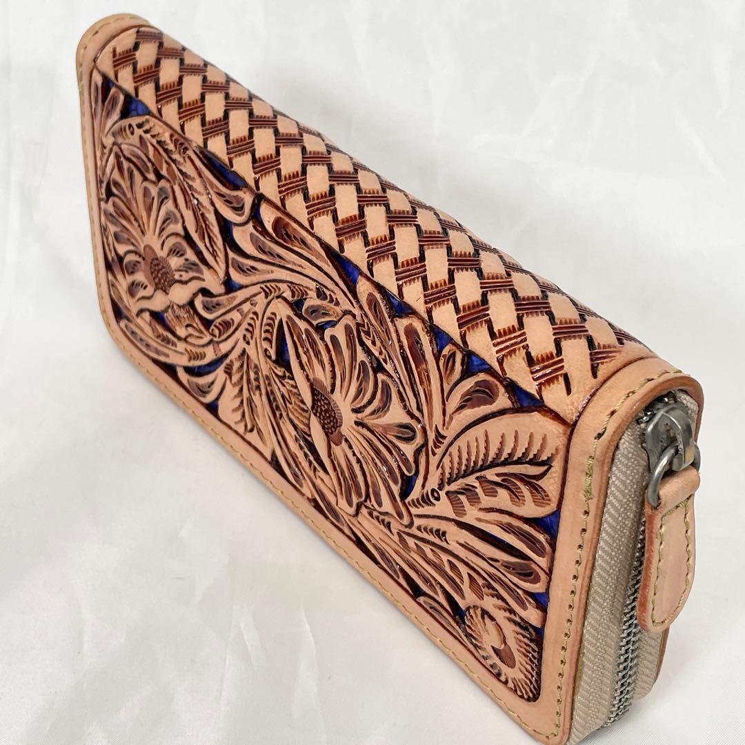 【新品】財布 長財布 レザー 本革 ラウンドファスナー カービング ブルー