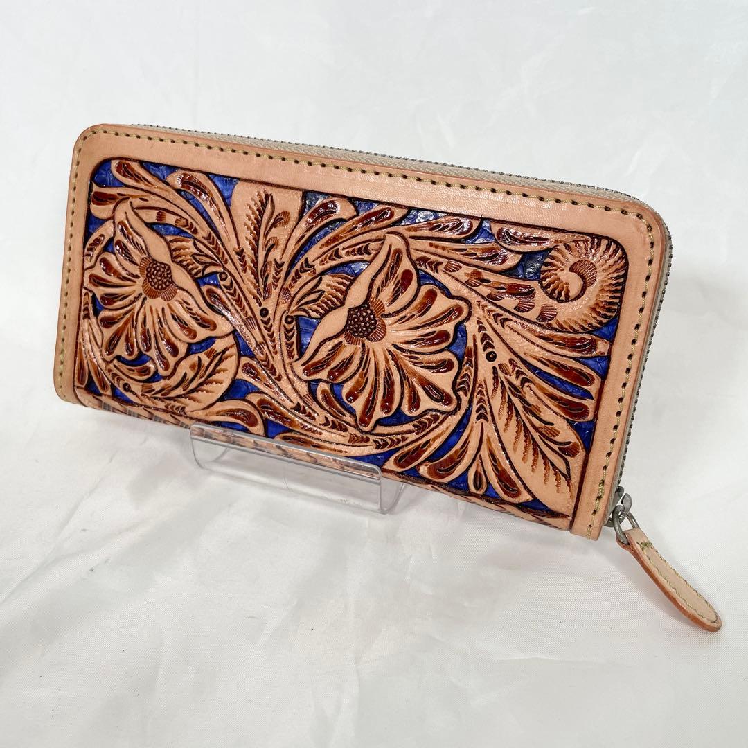 【新品】財布 長財布 レザー 本革 ラウンドファスナー カービング ブルー