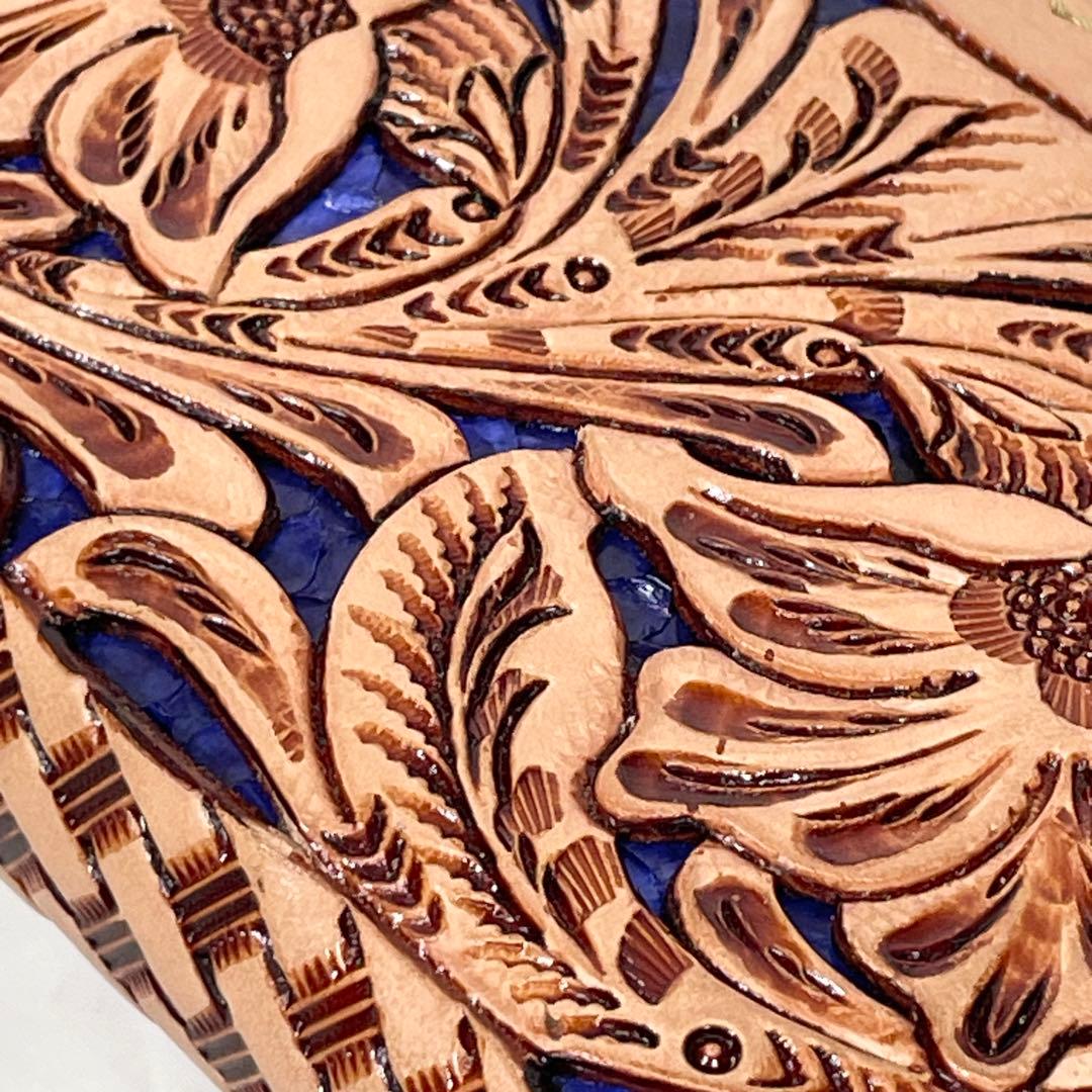 【新品】財布 長財布 レザー 本革 ラウンドファスナー カービング ブルー