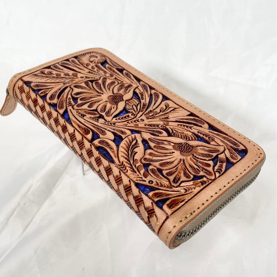 【新品】財布 長財布 レザー 本革 ラウンドファスナー カービング ブルー