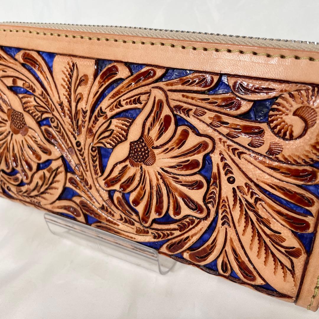 【新品】財布 長財布 レザー 本革 ラウンドファスナー カービング ブルー