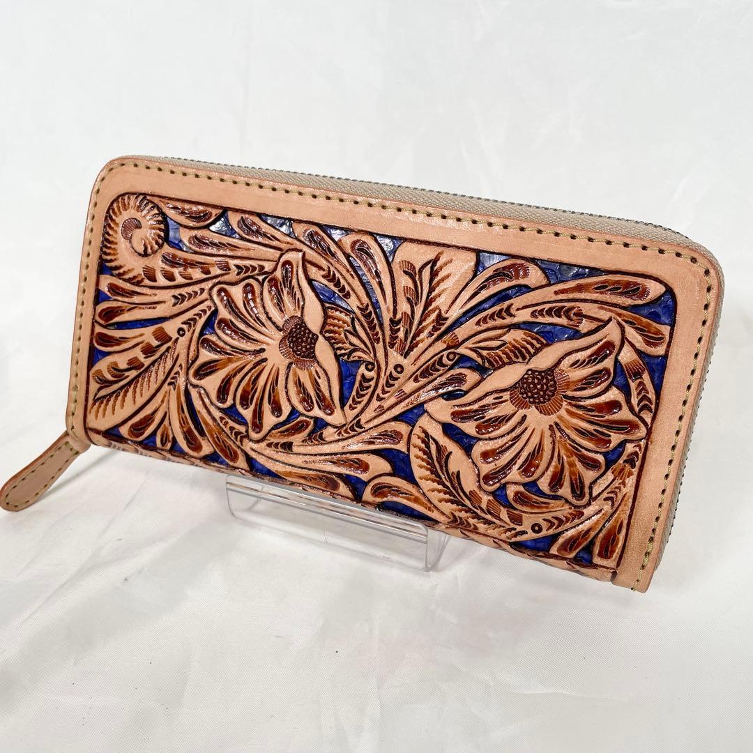 【新品】財布 長財布 レザー 本革 ラウンドファスナー カービング ブルー