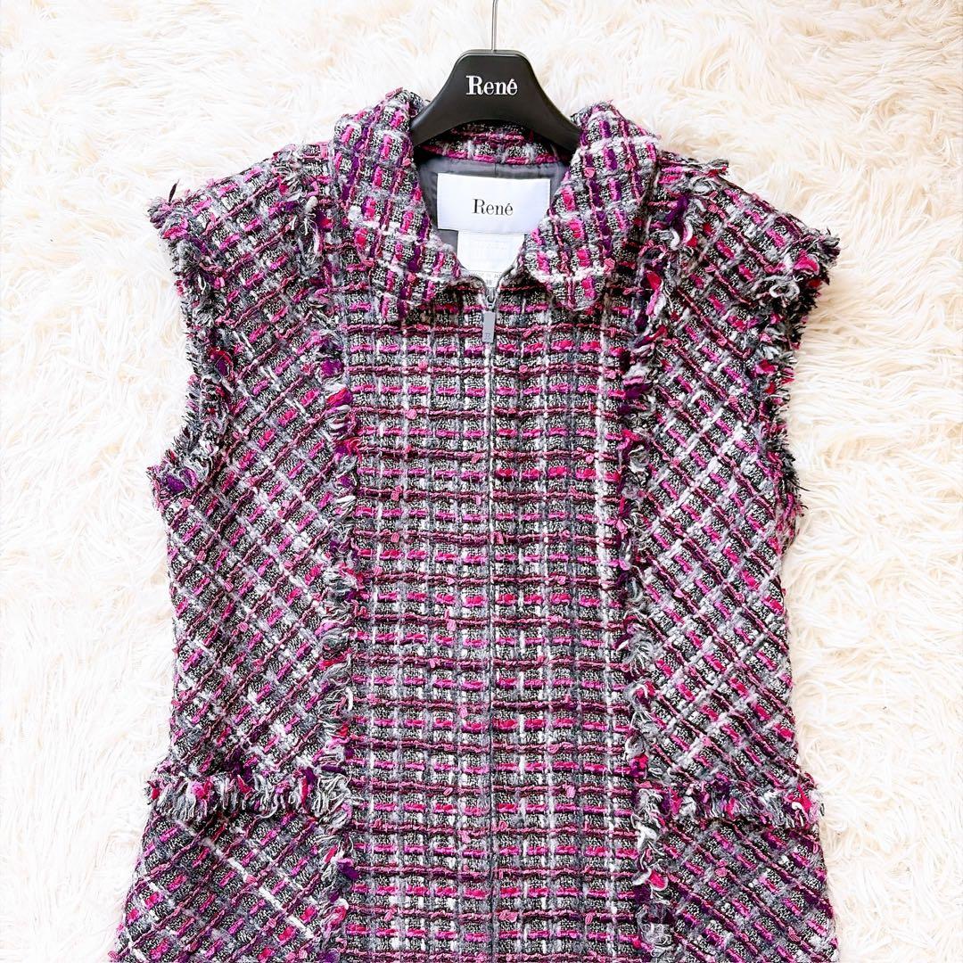 ルネ　rene 2021年モデル　ツイードノースリーブフリンジフレアワンピース