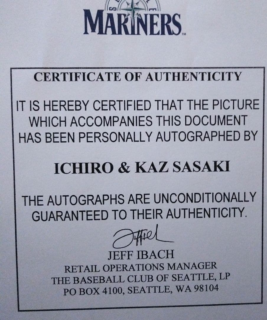 イチロー 直筆サイン シアトル・マリナーズ