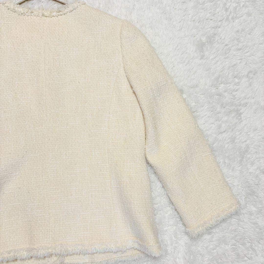 シンゾーン　ツイード　ジャケット　ノーカラー　ホワイト　シルク　入学式