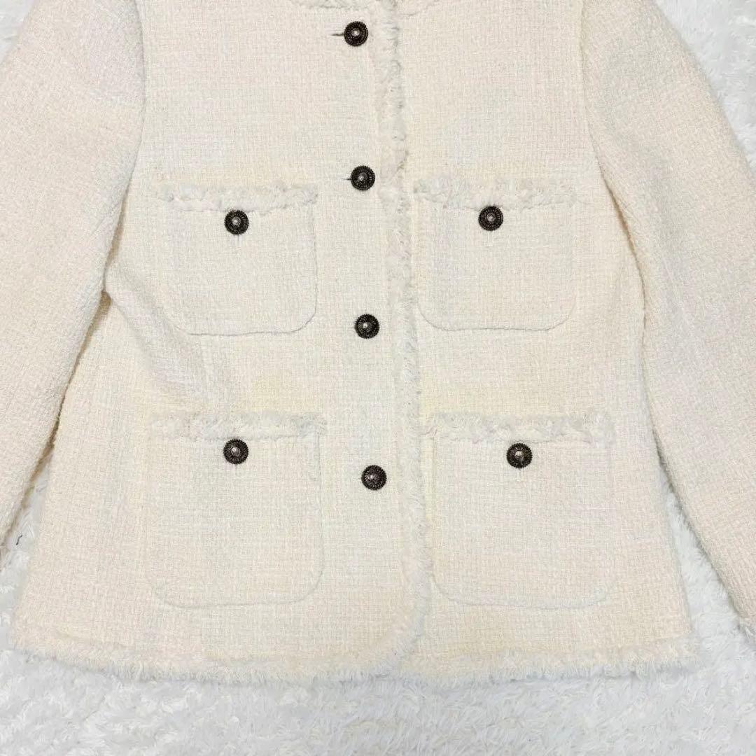 シンゾーン　ツイード　ジャケット　ノーカラー　ホワイト　シルク　入学式