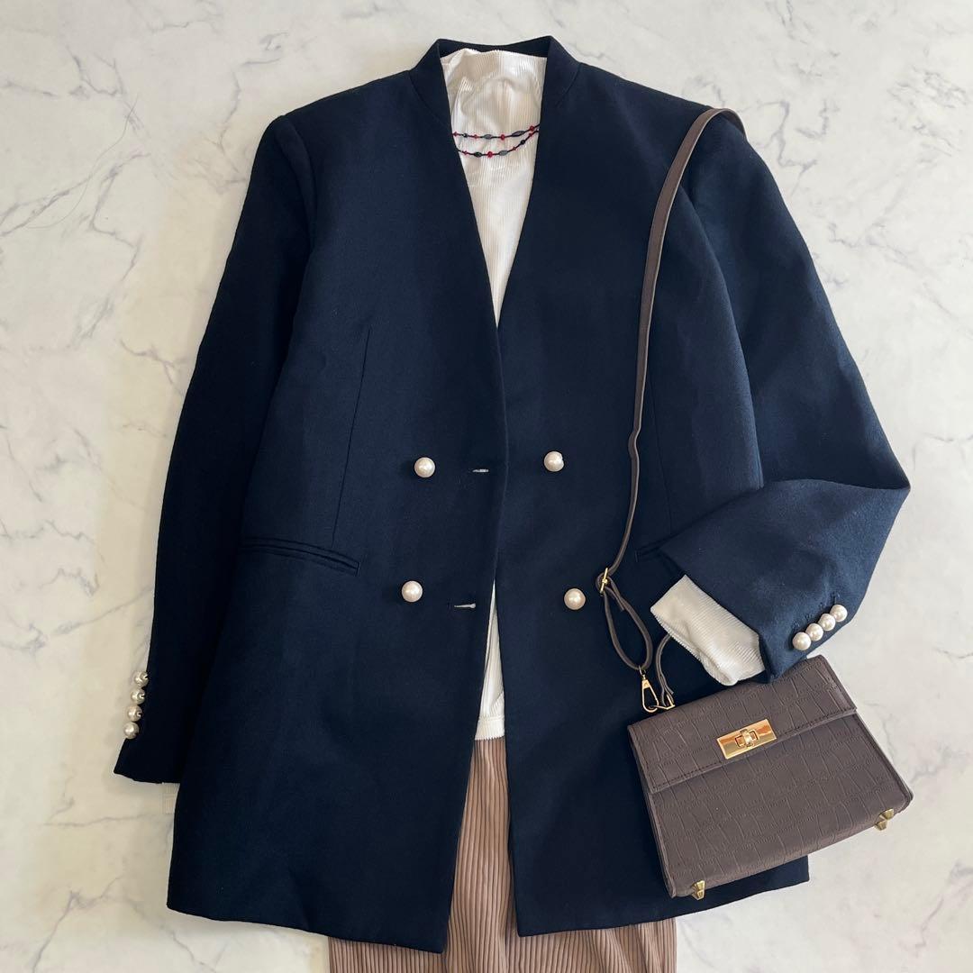 人気✨ルーニィ パールボタンジャケット ノーカラー ジャコット 紺38