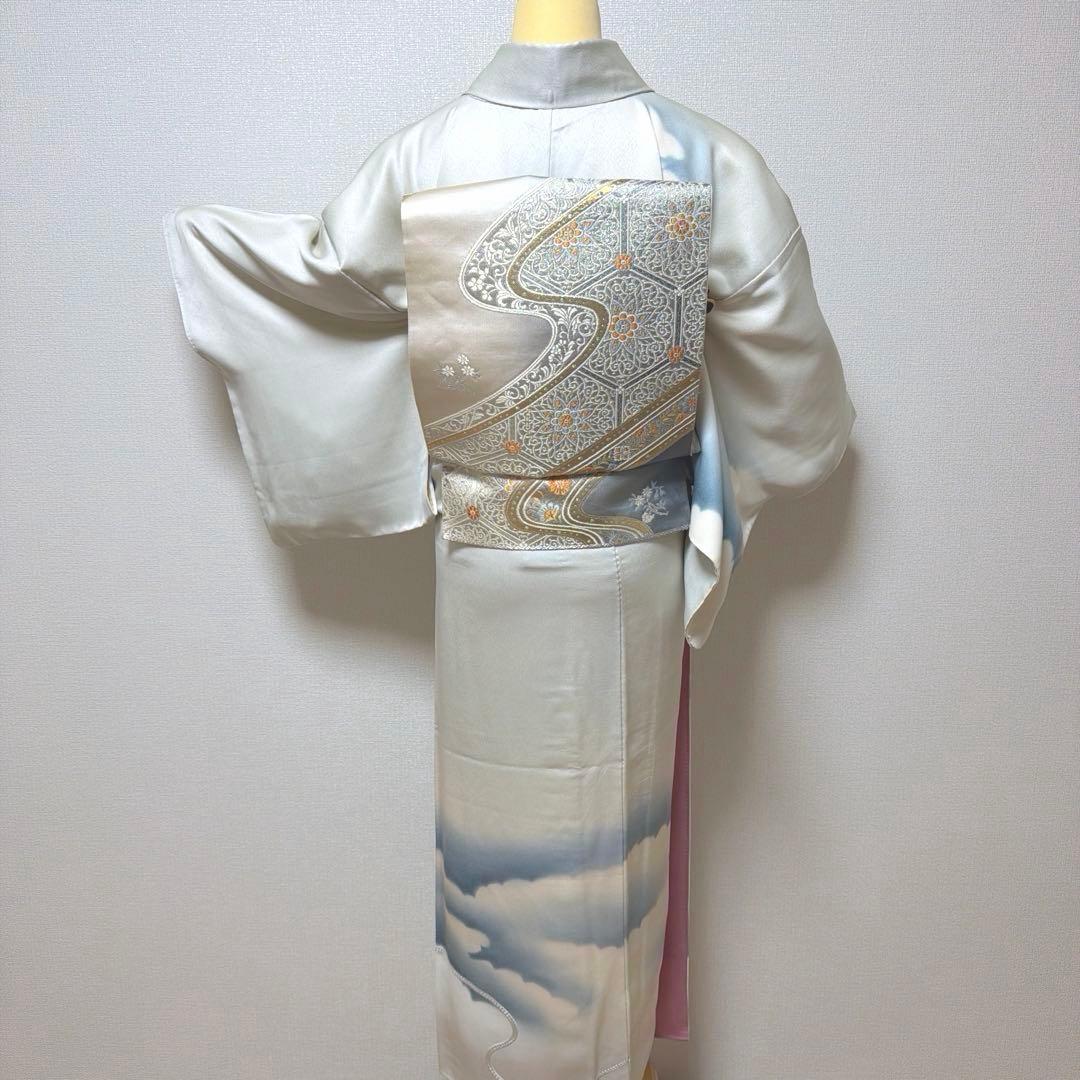 10 訪問着フルセット 正絹 淡い水色 ブルー 総刺繍 暈し染め 上品 シンプル