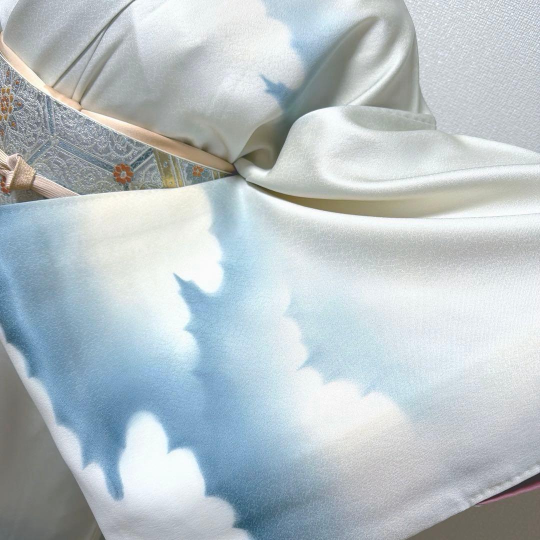 10 訪問着フルセット 正絹 淡い水色 ブルー 総刺繍 暈し染め 上品 シンプル