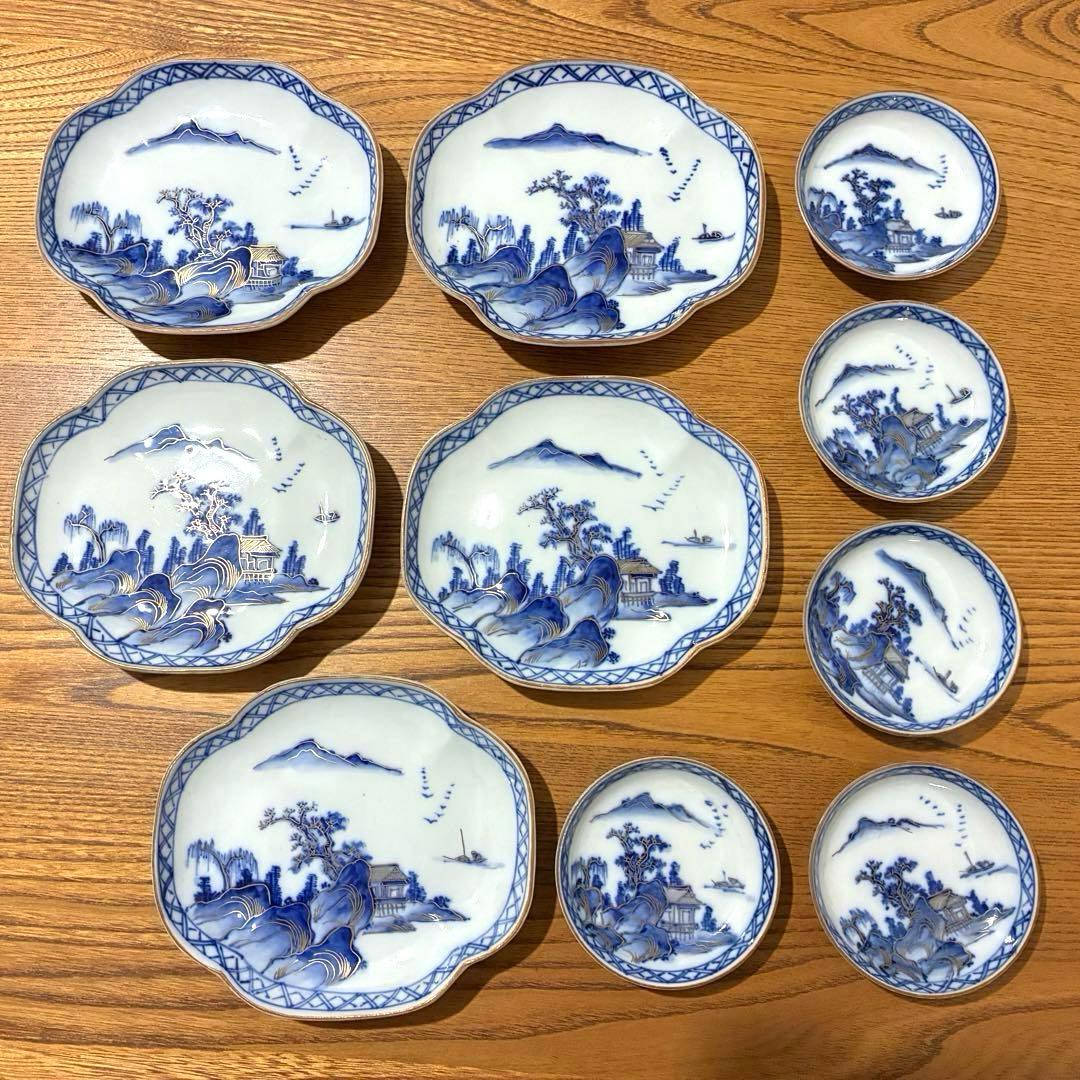 まり様【大正ヴィンテージ 九谷焼】刺身皿５枚/小皿５枚セット