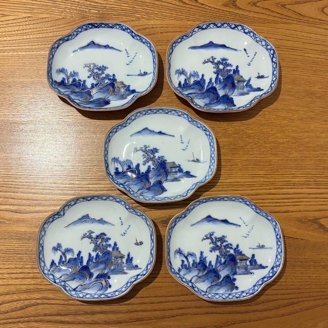 まり様【大正ヴィンテージ 九谷焼】刺身皿５枚/小皿５枚セット