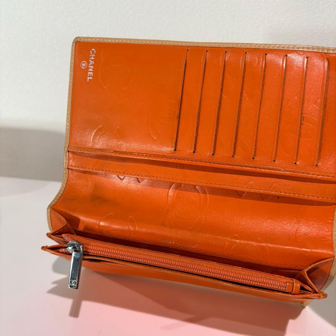 シャネル カンボンライン ベージュ オレンジ キルティング 長財布