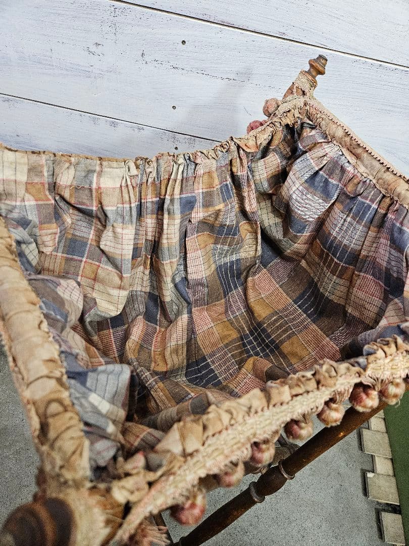 フランスアンティーク ソーイングスタンド 木製×ファブリック フリンジ 小物入れ