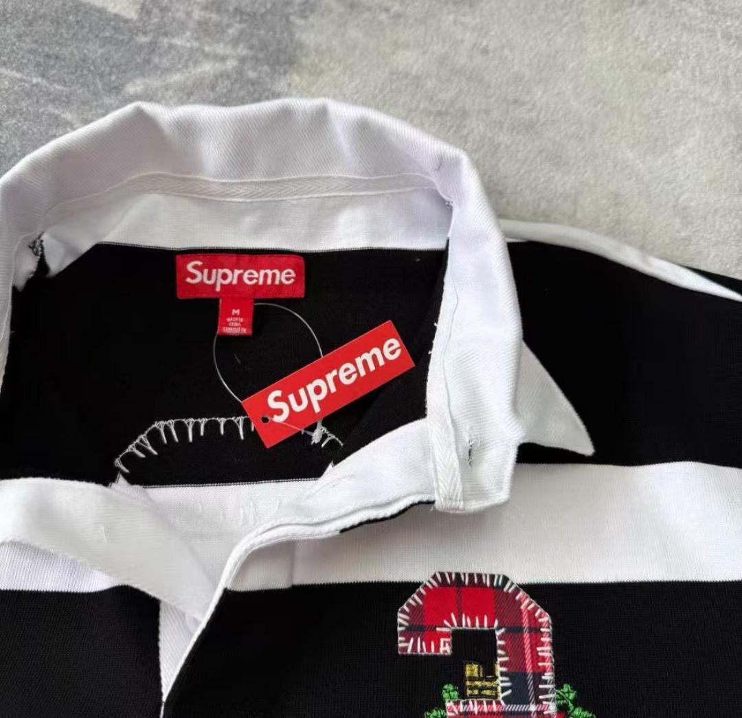 美品Supreme ラガーシャツ M 黒/白 ストライプ