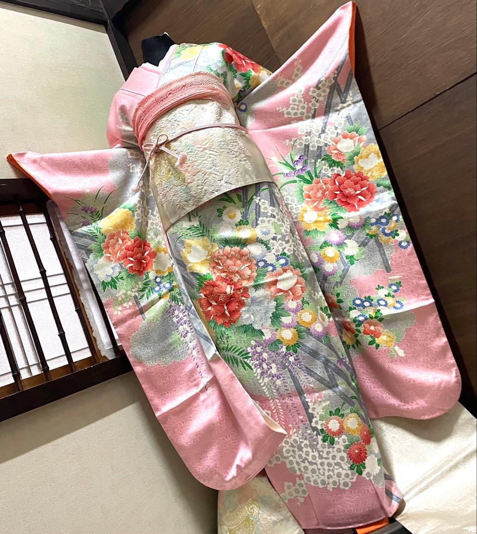 振袖フルセット6点サイズM〜Ｌ駒刺繍　渡り橋藤花房文　金彩　正絹