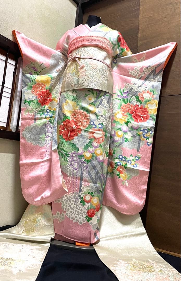 振袖フルセット6点サイズM〜Ｌ駒刺繍　渡り橋藤花房文　金彩　正絹