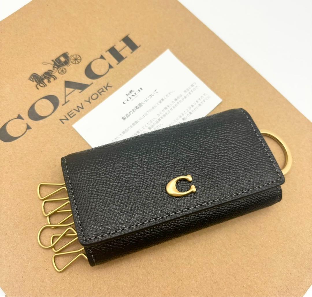 【COACH☆新品】6 リング キー ケース！クロスグレイン レザー！ブラック！