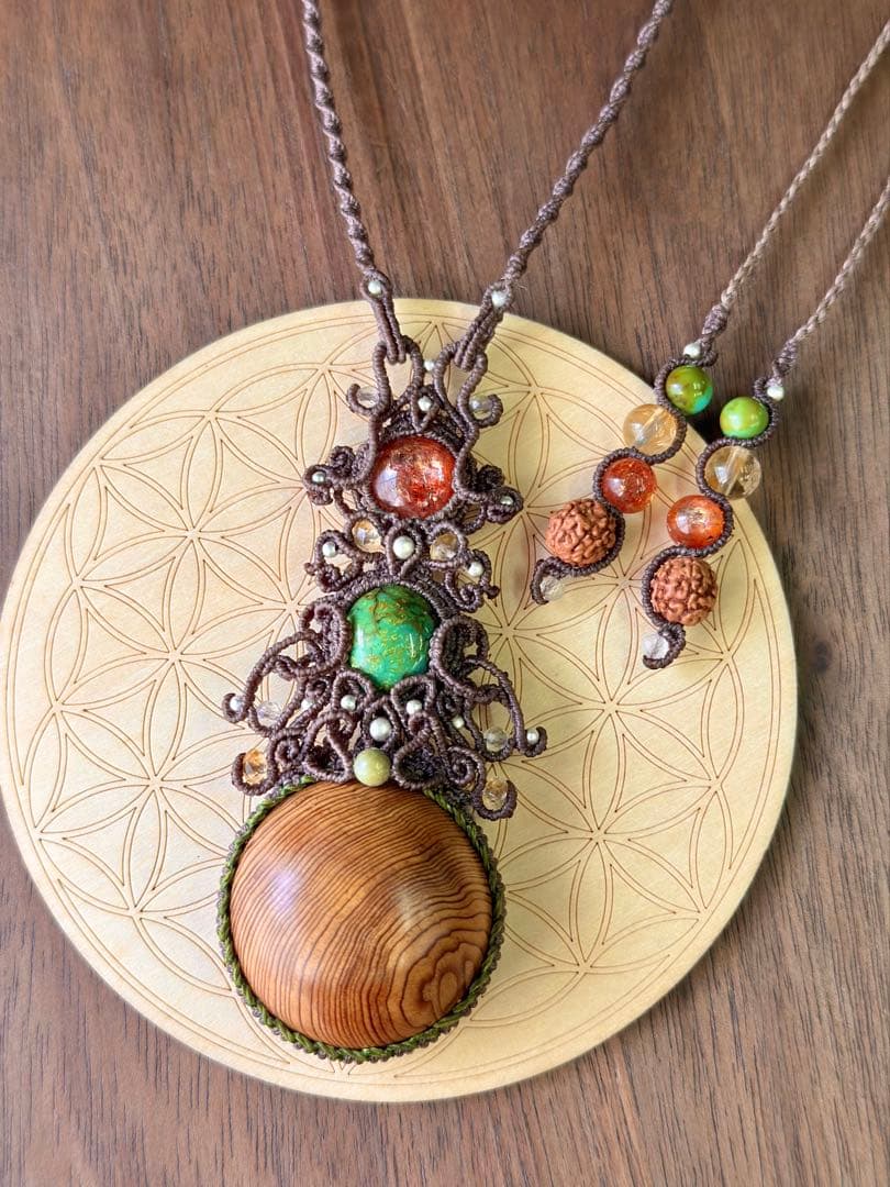 専用♡まん丸◯屋久杉＆チベタンターコイズ＆サンストーンのマクラメ編みネックレス♡