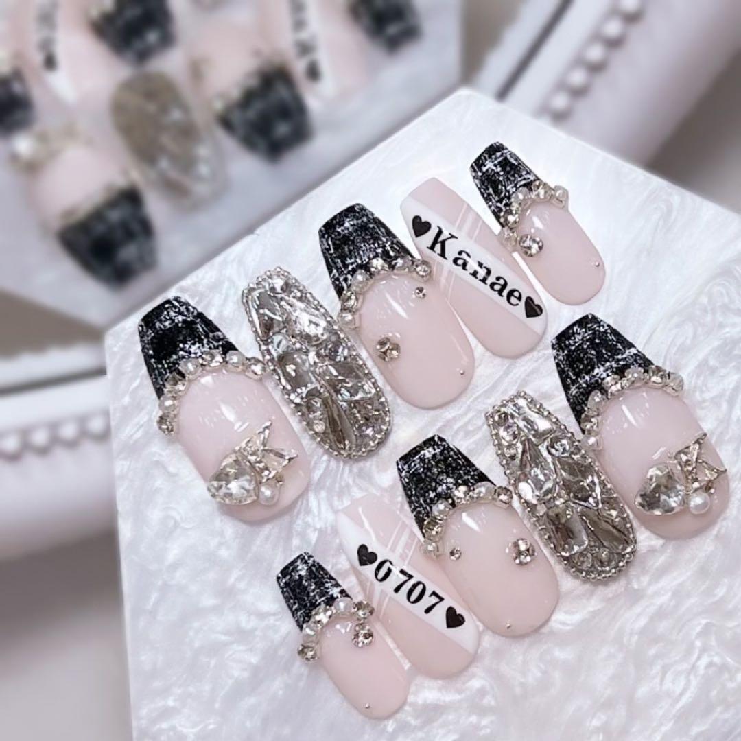 お急ぎ便A♥ ネイルチップ 量産型 韓国 黒 フレンチ ツイード シンプル