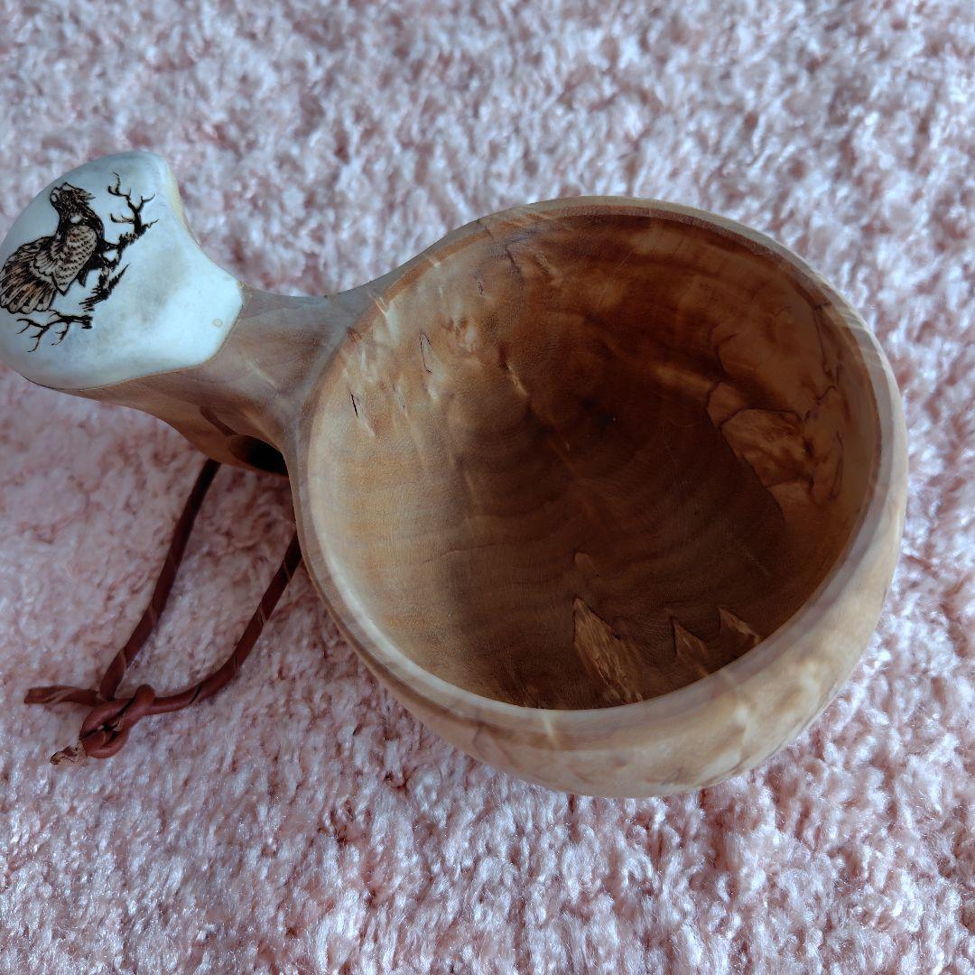 トナカイの骨に雷鳥の絵付きククサ　マグ