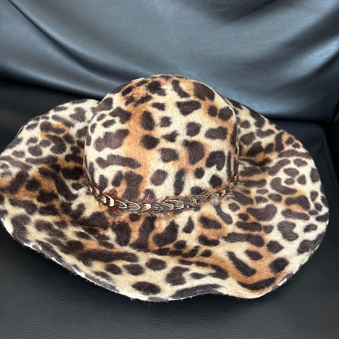 レオパード柄　ハット　つば広　フリーサイズ　毛100% ヒョウ柄