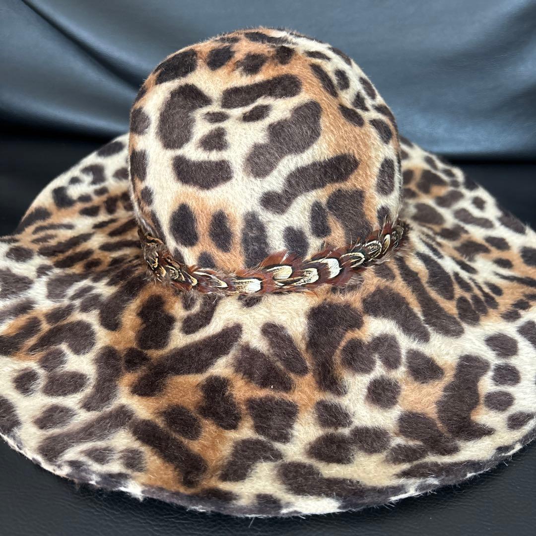 レオパード柄　ハット　つば広　フリーサイズ　毛100% ヒョウ柄