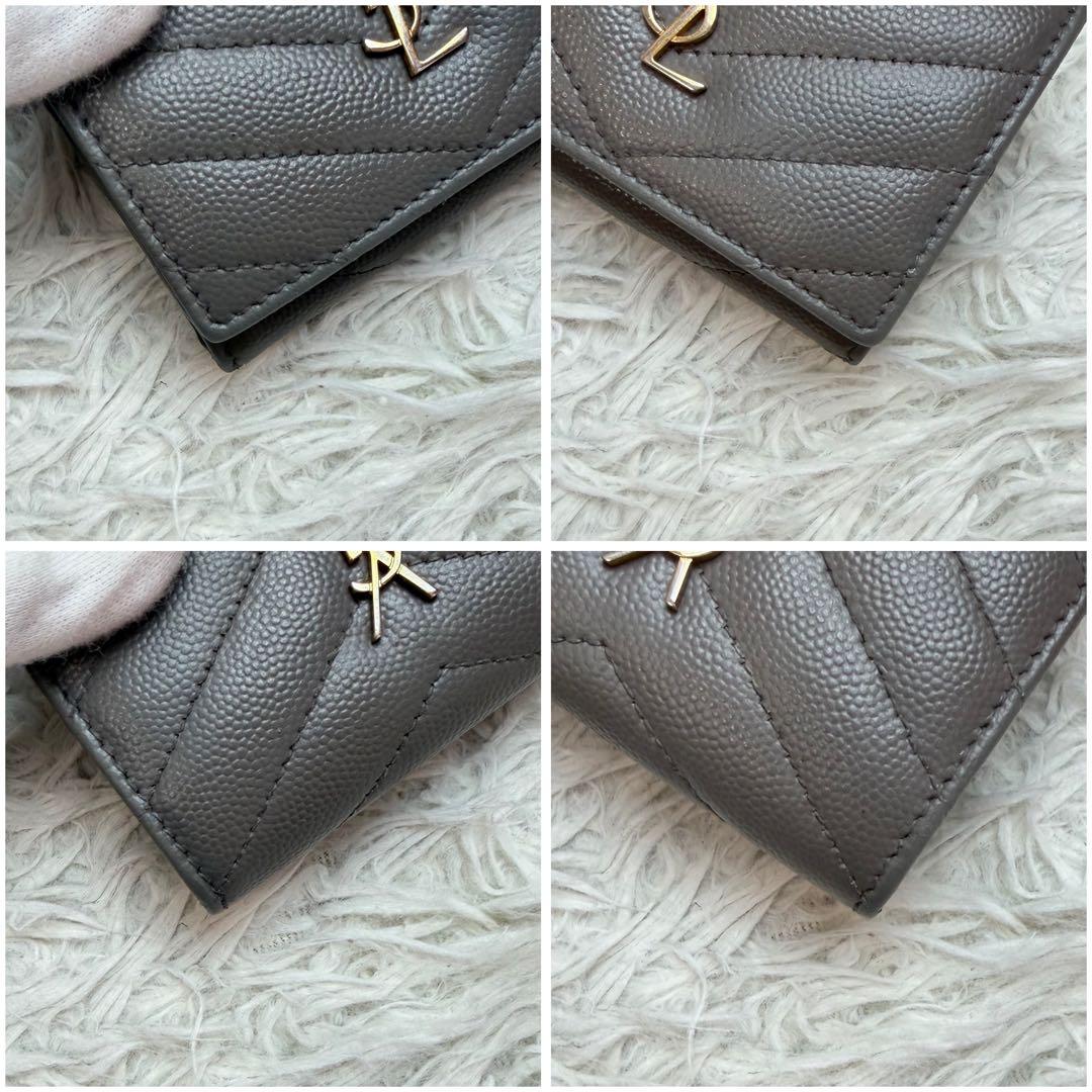 美品✨サンローラン 三つ折り財布 Vステッチ カサンドラ レザーオリガミ グレー