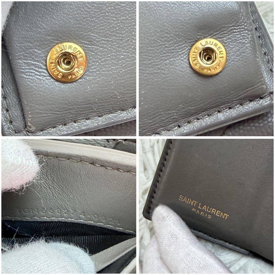 美品✨サンローラン 三つ折り財布 Vステッチ カサンドラ レザーオリガミ グレー