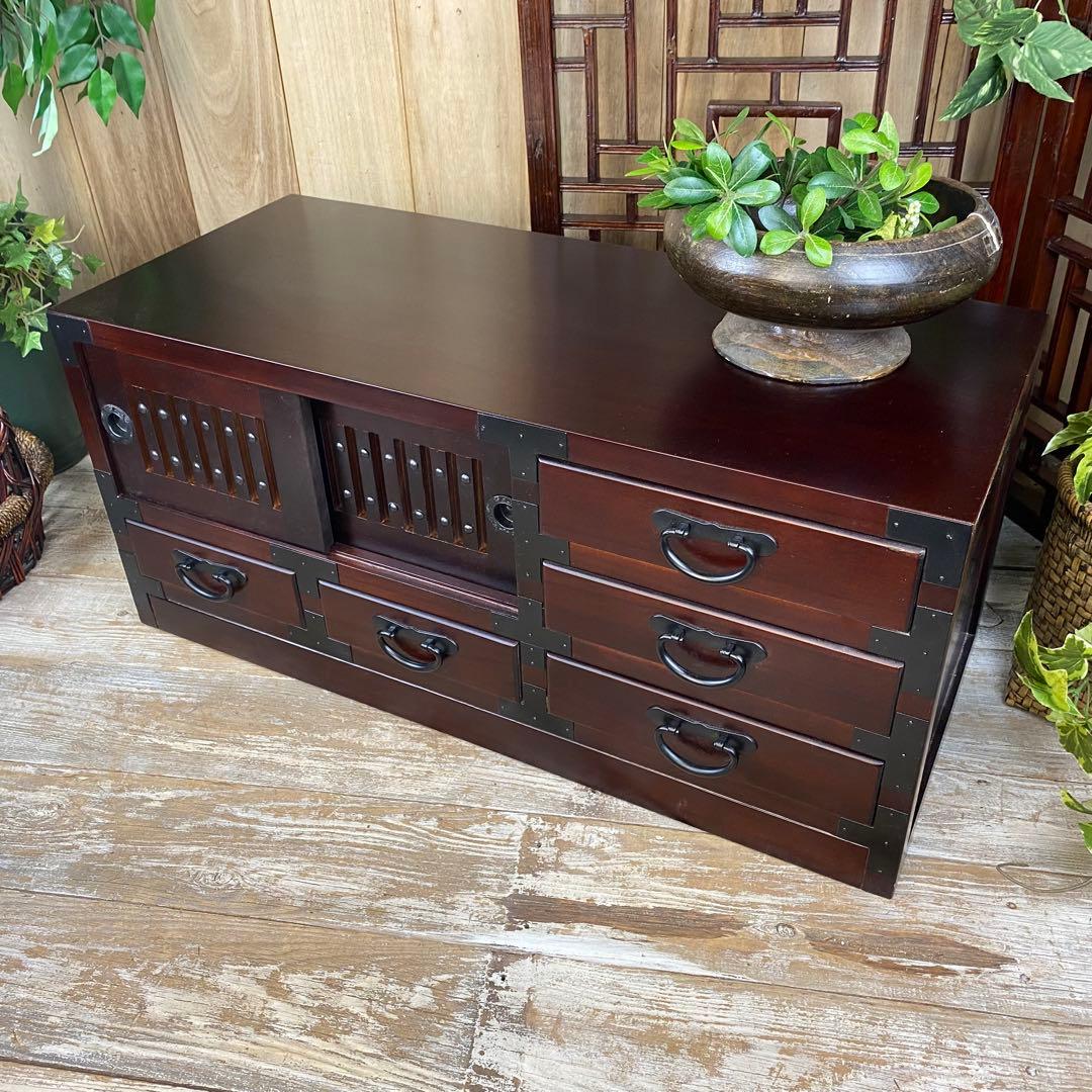 訳あり品！【136】民芸家具桐材天然無垢和引き戸付きチェスト横長テレビ台飾り棚