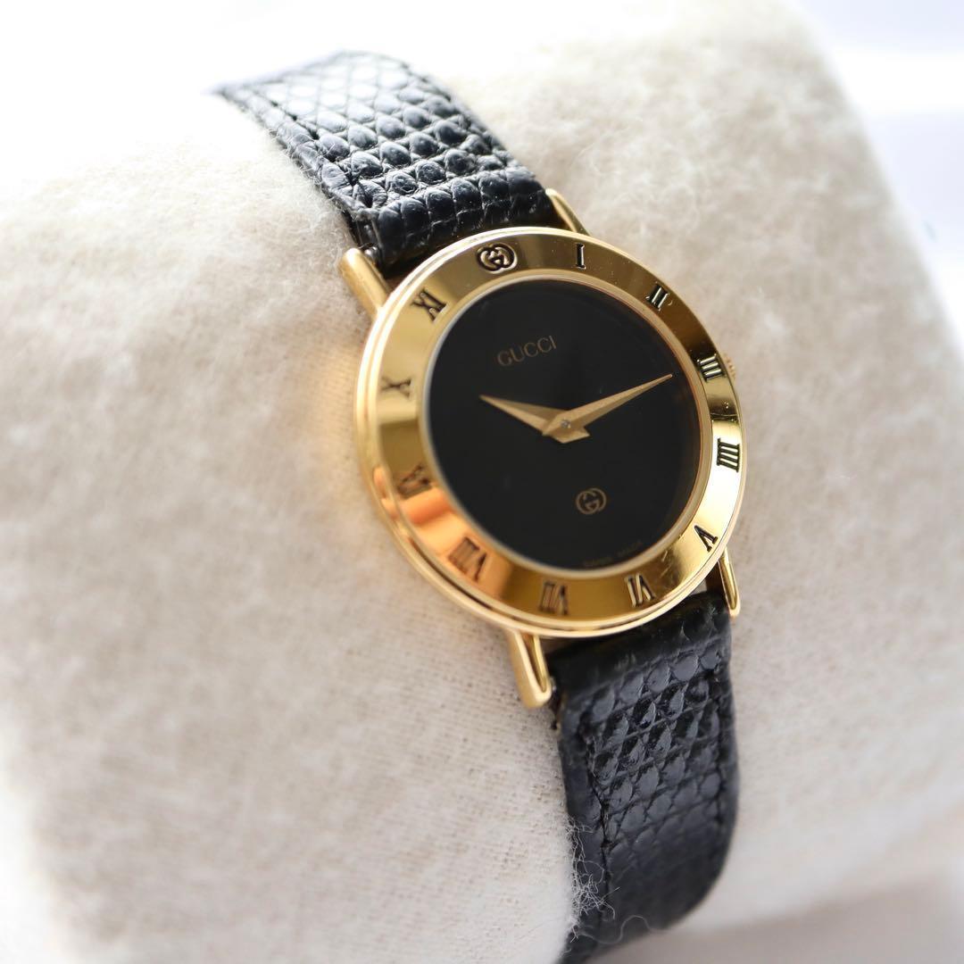 GUCCI ローマンベゼル ブラック文字盤 ゴールド レディース腕時計 1375
