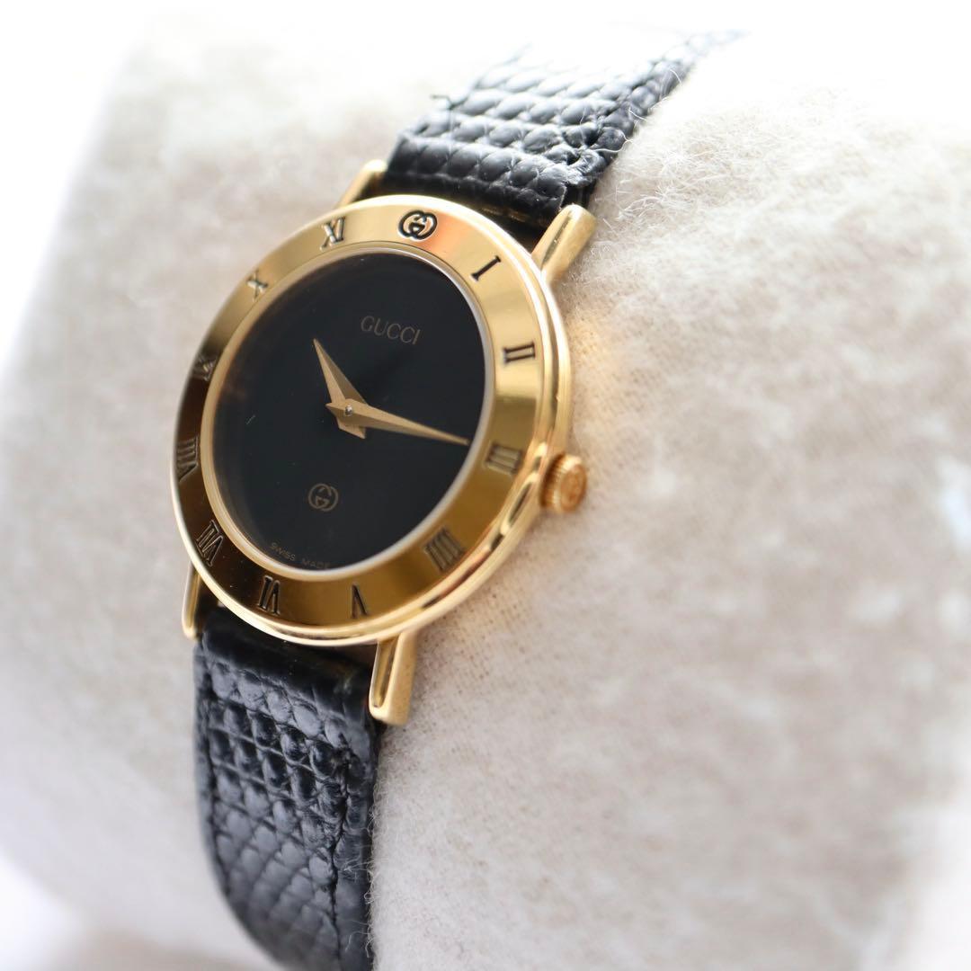 GUCCI ローマンベゼル ブラック文字盤 ゴールド レディース腕時計 1375