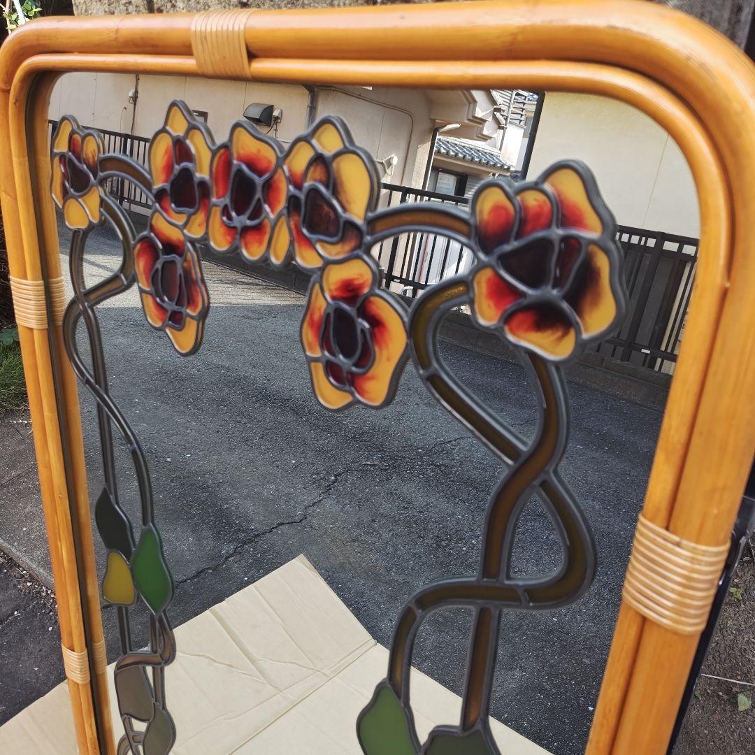 レトロ アールヌーボー様式 ステンドグラス 大型壁掛け鏡 ミラーH96.5㌢