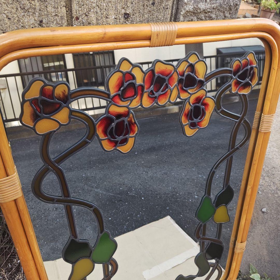 レトロ アールヌーボー様式 ステンドグラス 大型壁掛け鏡 ミラーH96.5㌢