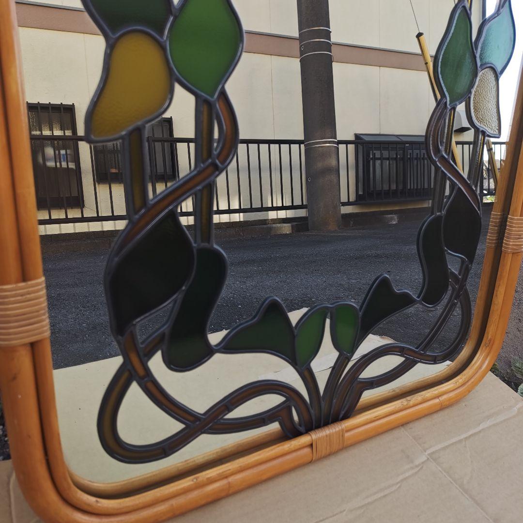 レトロ アールヌーボー様式 ステンドグラス 大型壁掛け鏡 ミラーH96.5㌢