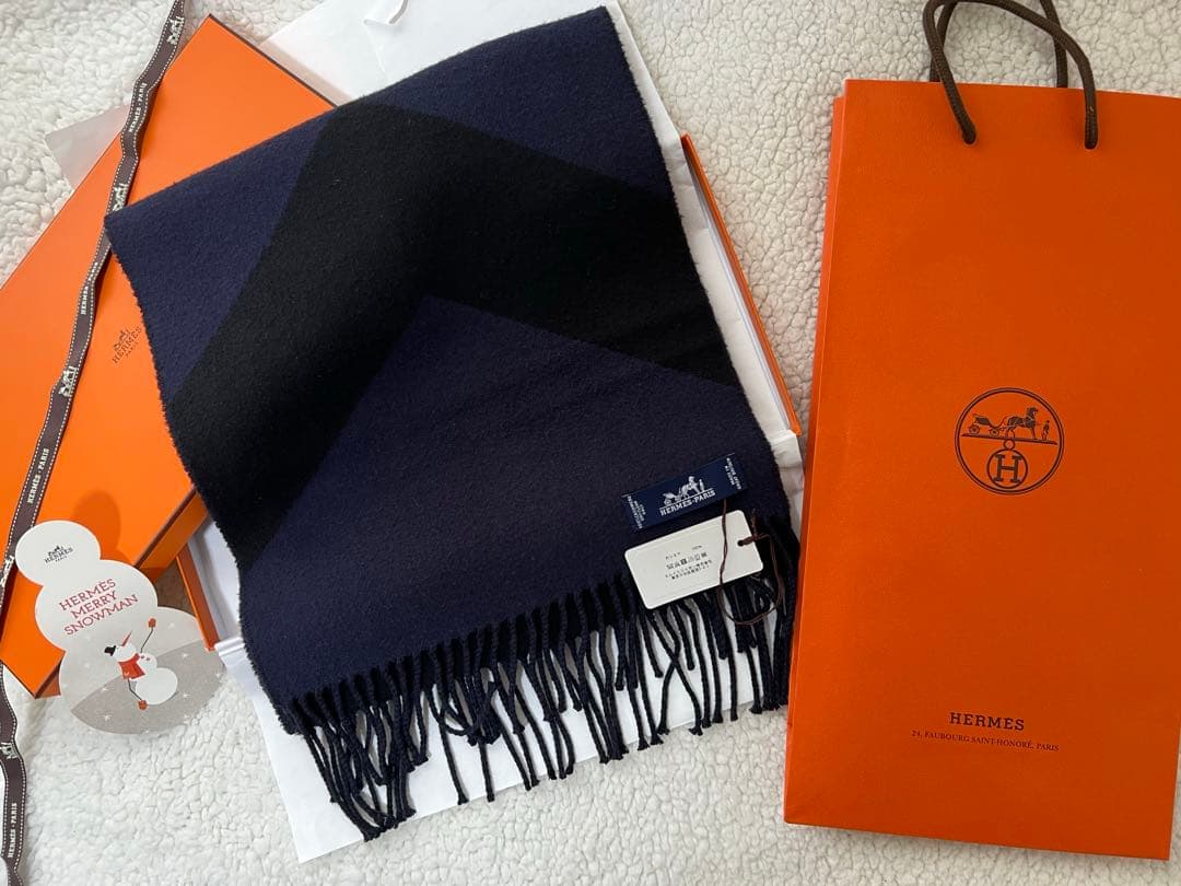 Hermès ネイビー ブラック リバーシブルマフラー カシミヤ100%