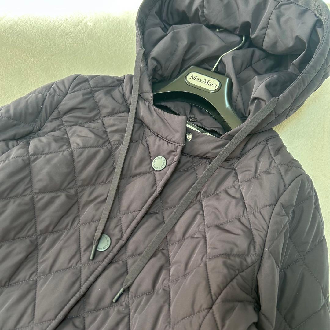 極美品✨マックスマーラ　キルティング　総ロゴ 総柄　フード　コート　ネイビー