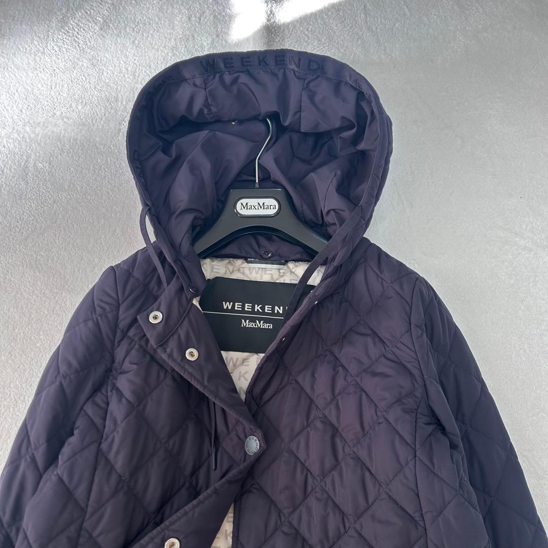 極美品✨マックスマーラ　キルティング　総ロゴ 総柄　フード　コート　ネイビー