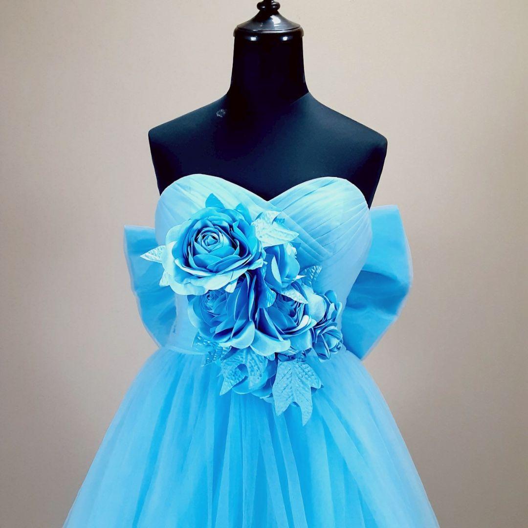 希少デザイン◎カラードレス ストラップレス 青 フラワー装飾 Aライン 付属品付