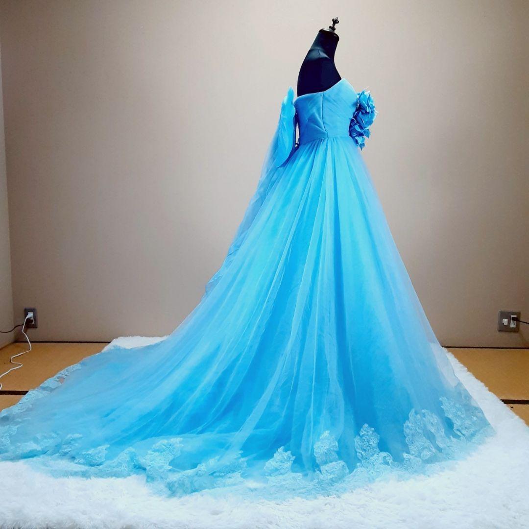 希少デザイン◎カラードレス ストラップレス 青 フラワー装飾 Aライン 付属品付