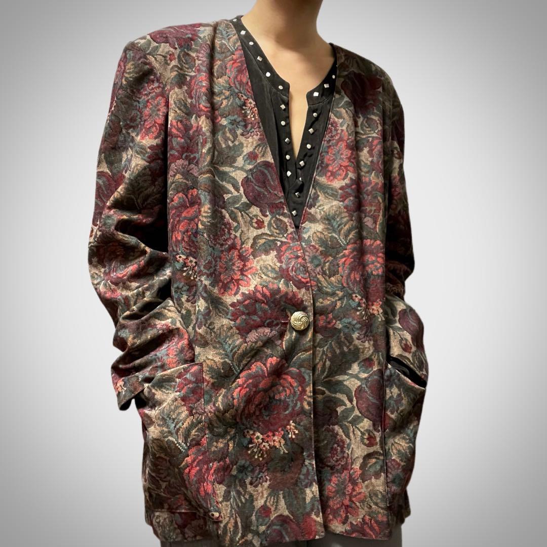 80s 90s ヴィンテージ ノーカラージャケット 花柄 ボタニカル柄 レトロ