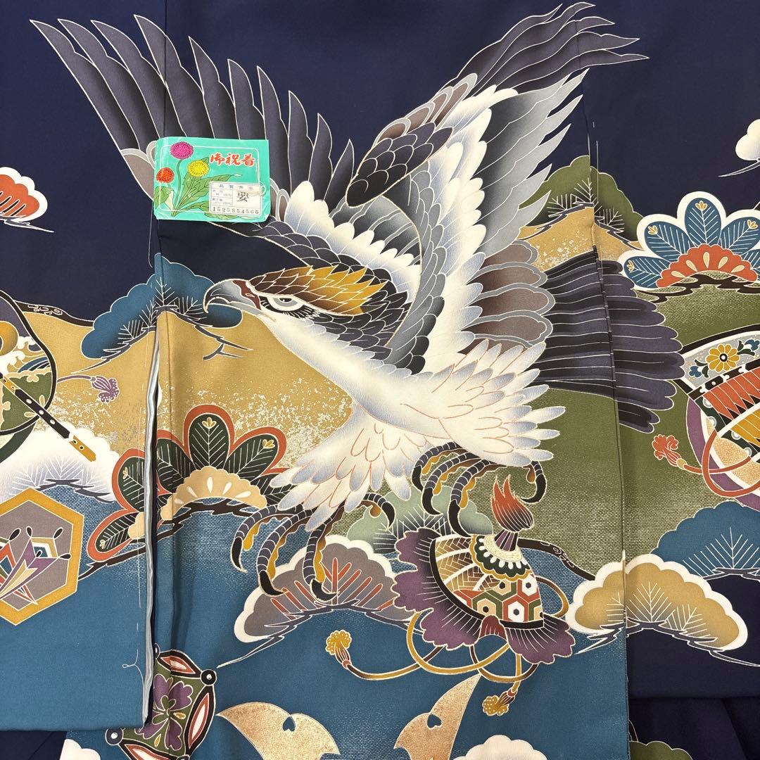 新品「最高級品」男子正絹産着祝着京友禅大鷹多色手描き染、特選豪華金銀彩大将兜文