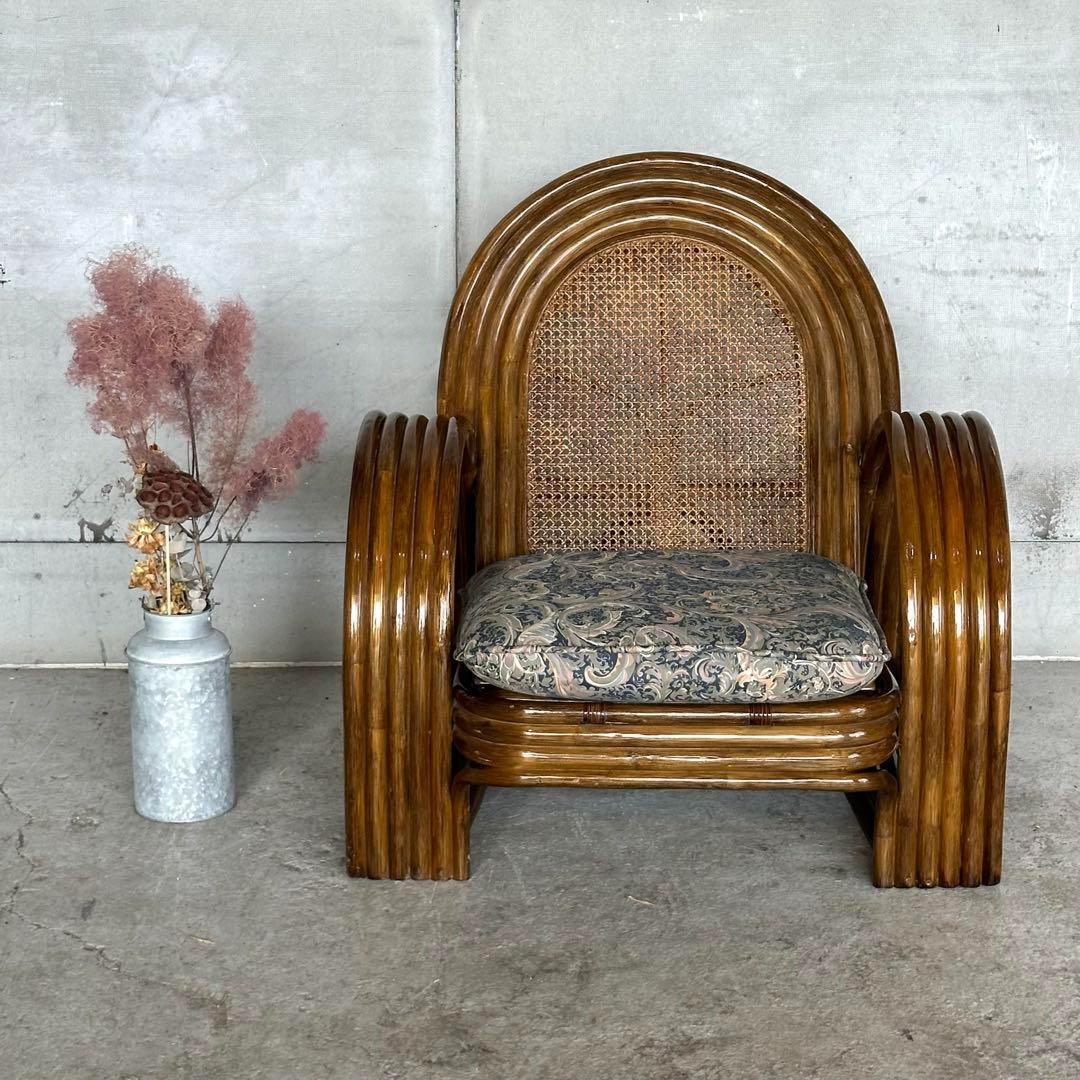 ꧁オールドラタン꧂カフェ風✦レトロラタン大型アームチェア　1人掛けソファー