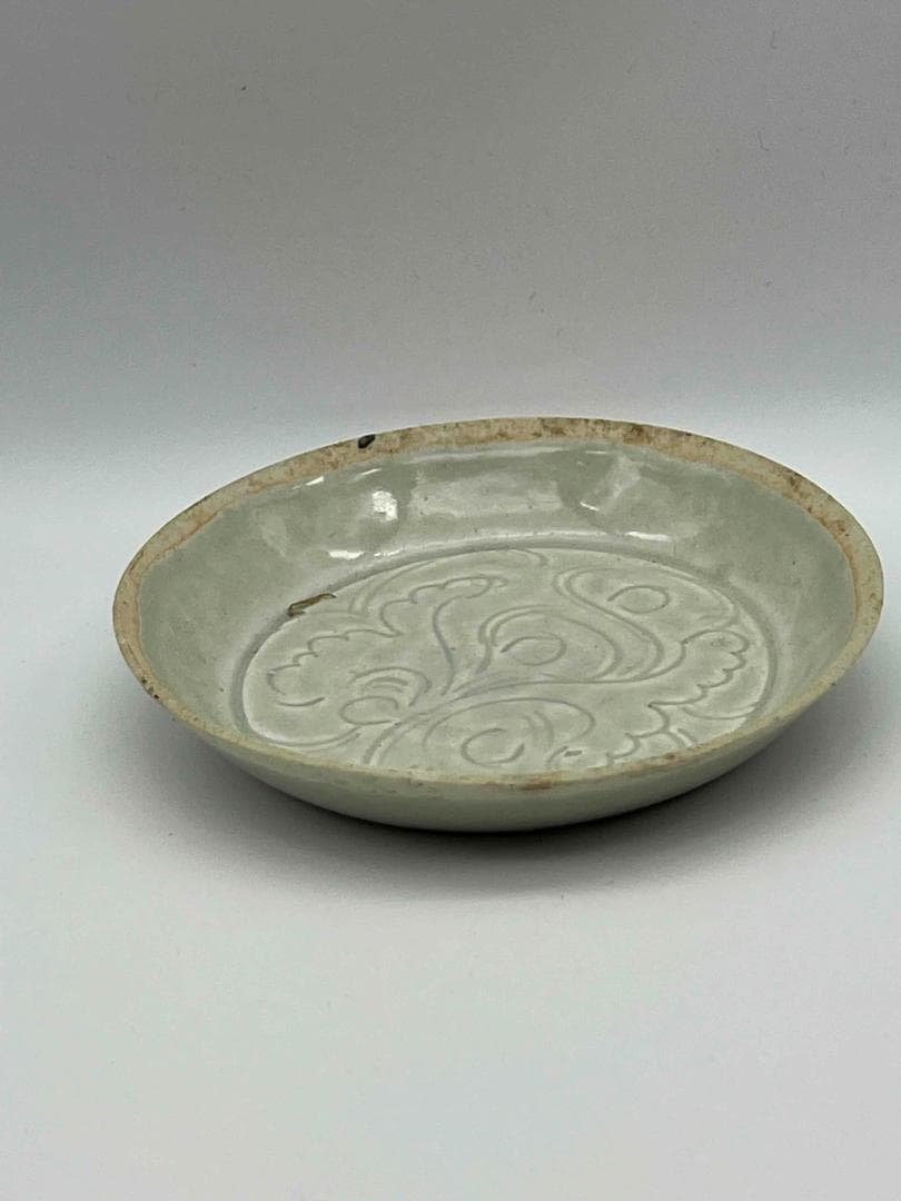 北宋時代 湖田窯 青磁刻花鳳尾花文房洗 覆燒 覆輪口 影青 古皿唐物(F-90)